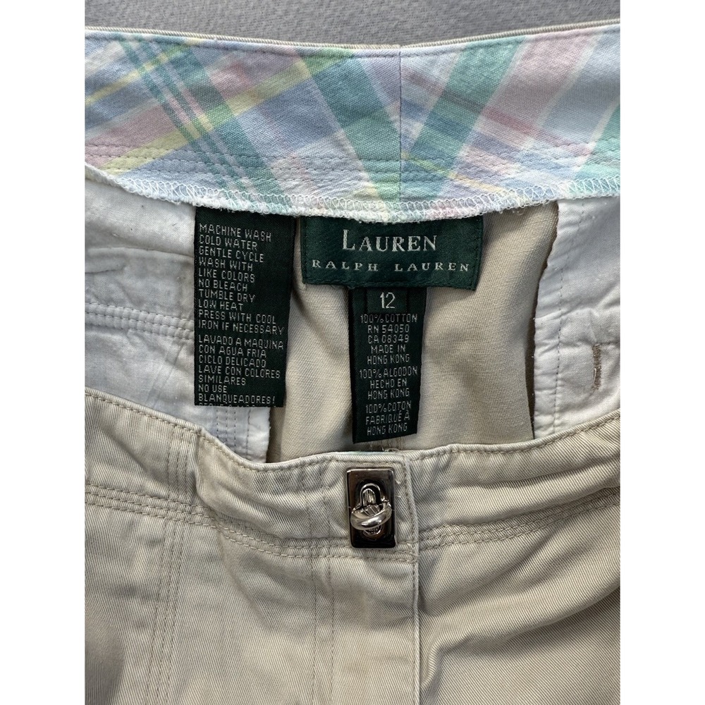 Ralph Lauren Women's Sz 12 Khaki Beige‎ Flat Front W/Metal Buckle Clasp Shorts - Picture 7 of 10
